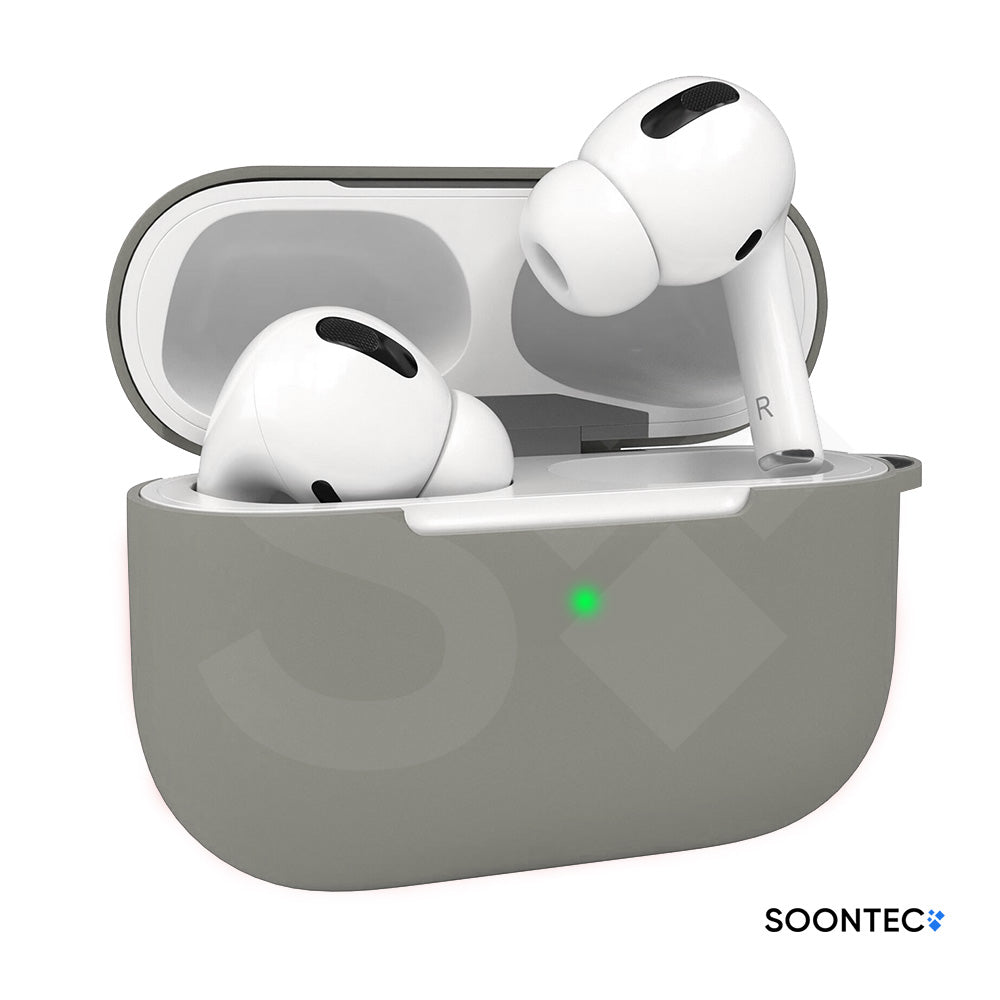 SOONTEC Silikon-Schutzhüllen für Apple AirPods Pro 1 & 2 i, inklusive Karabiner-Ring, mit präzisen Aussparungen für Lautsprecher, USB-C/Lightning-Ladeanschluss und sichtbarer Front-LED grau
