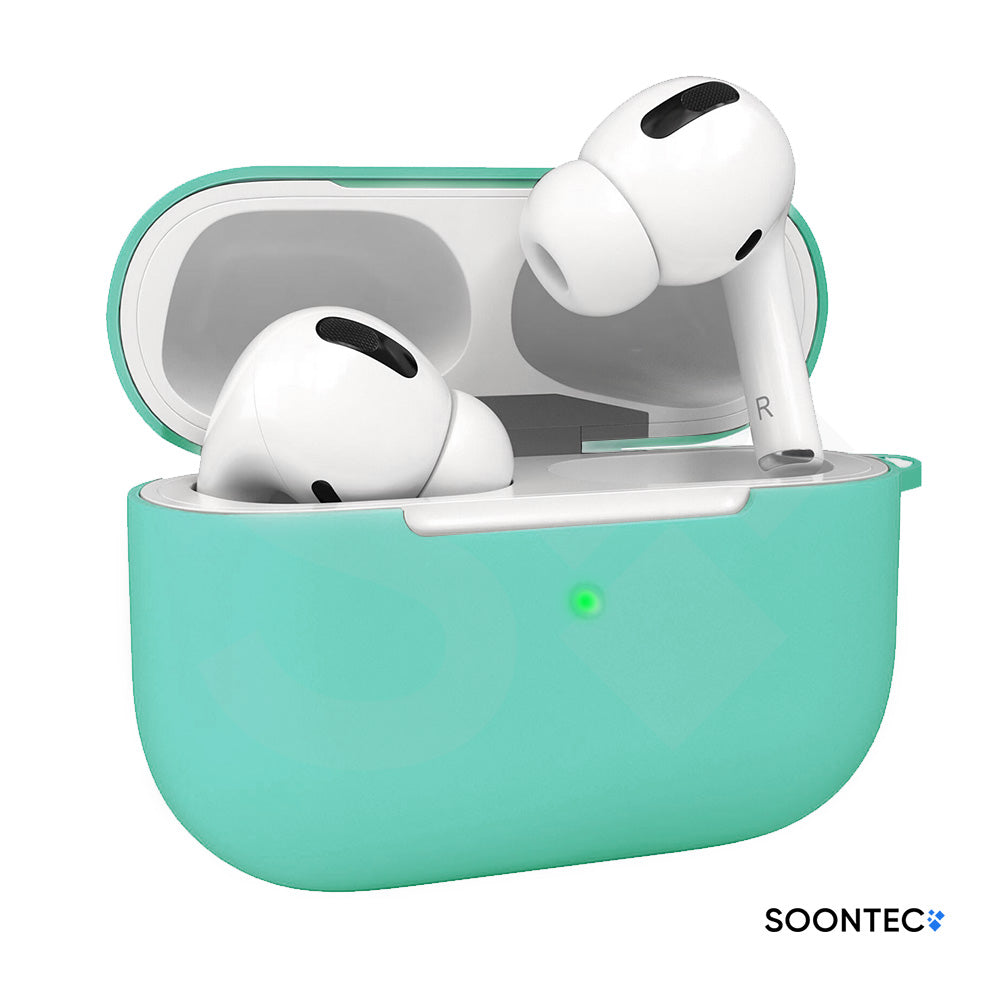SOONTEC Silikon-Schutzhüllen für Apple AirPods Pro 1 & 2 in 8 Farben, inklusive Karabiner-Ring, mit präzisen Aussparungen für Lautsprecher, USB-C/Lightning-Ladeanschluss und sichtbarer Front-LED minzgrün