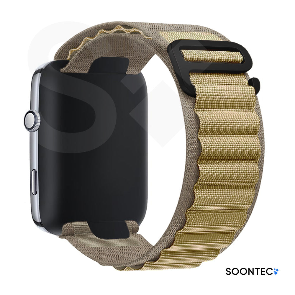 SOONTEC-Nylon-Loop-Armband-Apple-Watch-Ultra-Alpine-Look-Titan-Silber-Outdoor-Zweilagig-Gewebe-in-Ockergelb