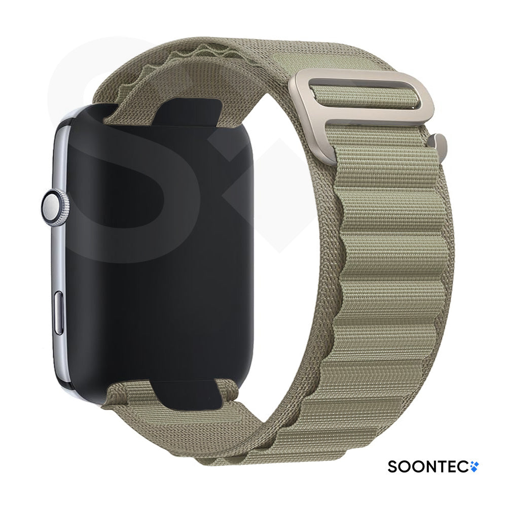 SOONTEC-Nylon-Loop-Armband-Apple-Watch-Ultra-Alpine-Look-Titan-Silber-G-Hook-Outdoor-Zweilagig-Gewebe-in-Olivengruen