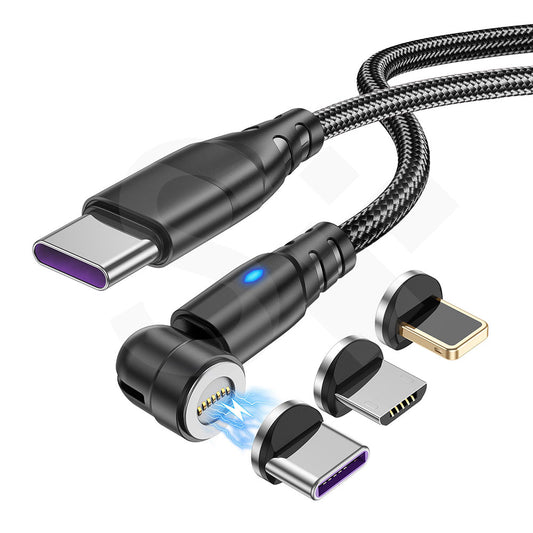 SOONTEC 3-in-1 Magnet-Ladekabel 100W mit USB-C, Lightning und Micro-USB Adaptern in Schwarz