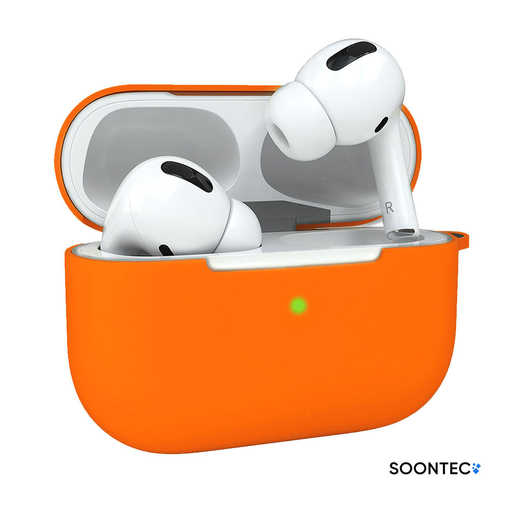 SOONTEC Silikon-Schutzhüllen für Apple AirPods Pro 1 & 2 i, inklusive Karabiner-Ring, mit präzisen Aussparungen für Lautsprecher, USB-C/Lightning-Ladeanschluss und sichtbarer Front-LED orange