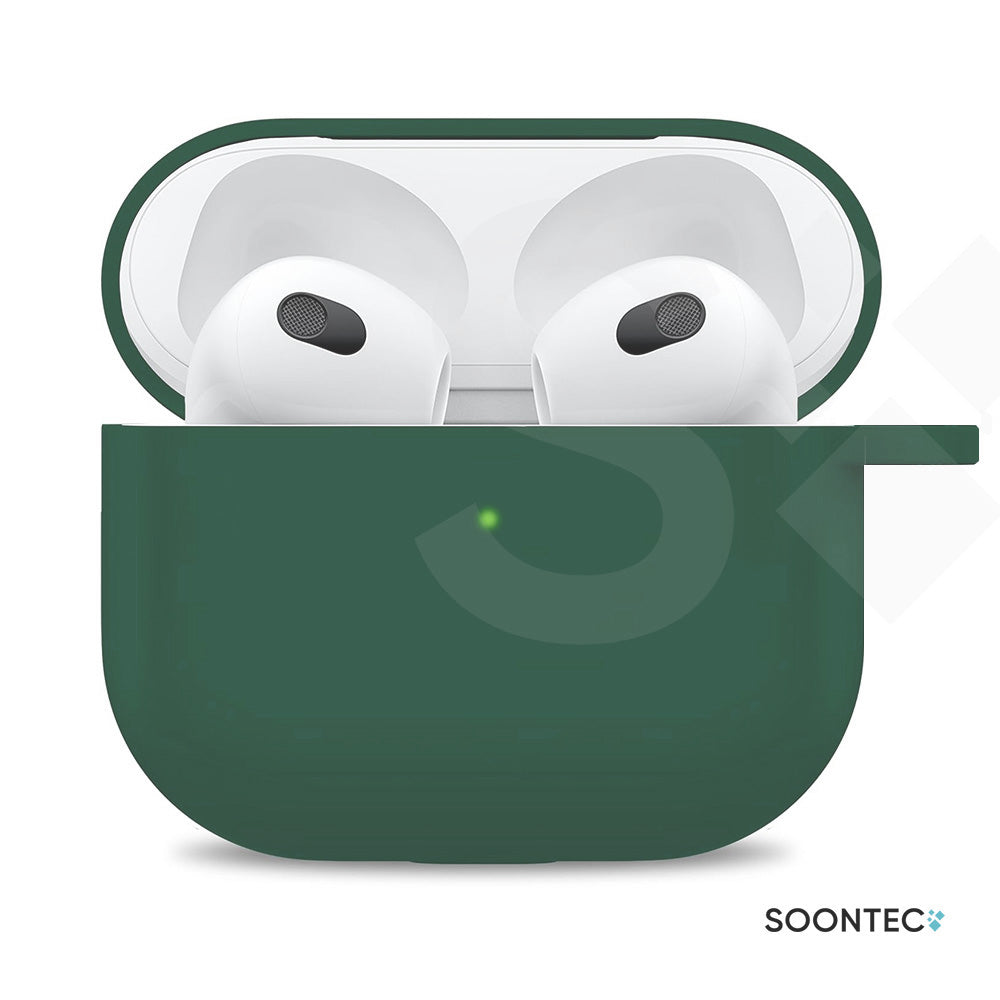 SOONTEC Schutzhülle für Apple AirPods 3 mit Karabiner Ring aus stoßfestem Silikon in Tannengrün, passgenau für das MagSafe Ladecase der 3. Generation.
