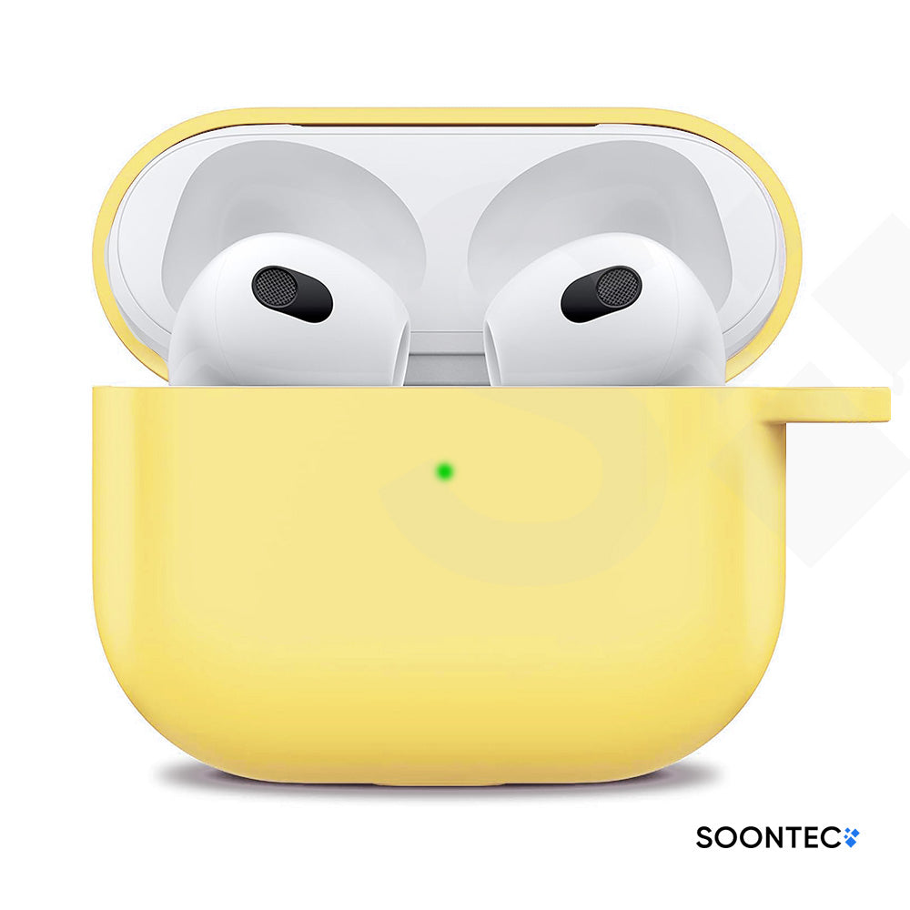 SOONTEC Schutzhülle für Apple AirPods 3 mit Karabiner Ring aus stoßfestem Silikon in Gelb, passgenau für das MagSafe Ladecase der 3. Generation.