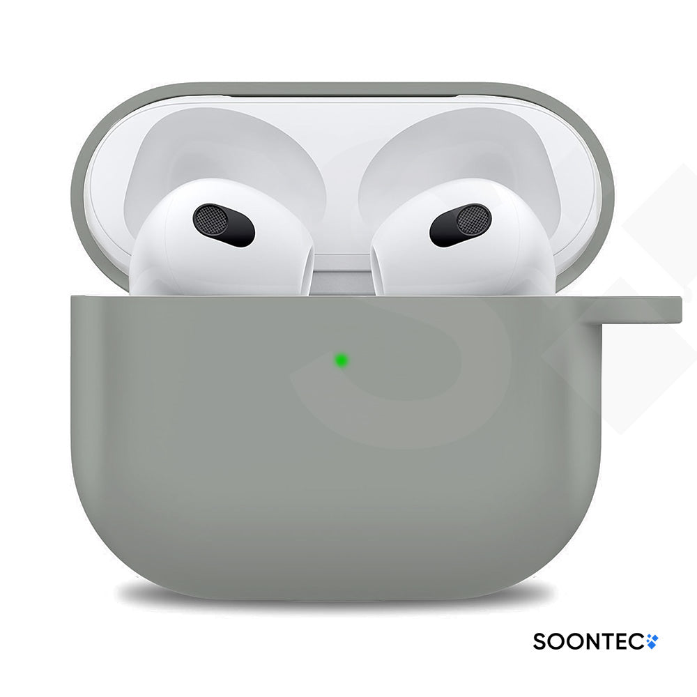 SOONTEC Schutzhülle für Apple AirPods 3 mit Karabiner Ring aus stoßfestem Silikon in Grau, passgenau für das MagSafe Ladecase der 3. Generation.