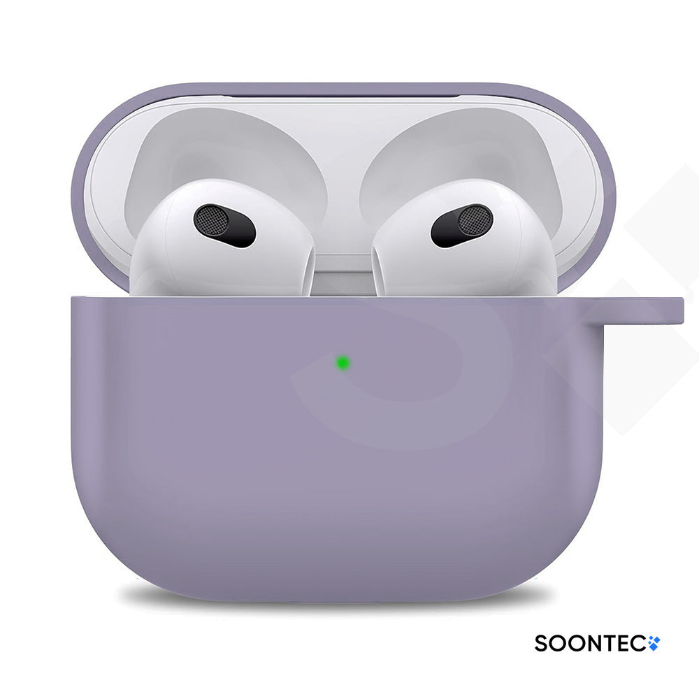 SOONTEC Schutzhülle für Apple AirPods 3 mit Karabiner Ring aus stoßfestem Silikon in Lavendel, passgenau für das MagSafe Ladecase der 3. Generation.