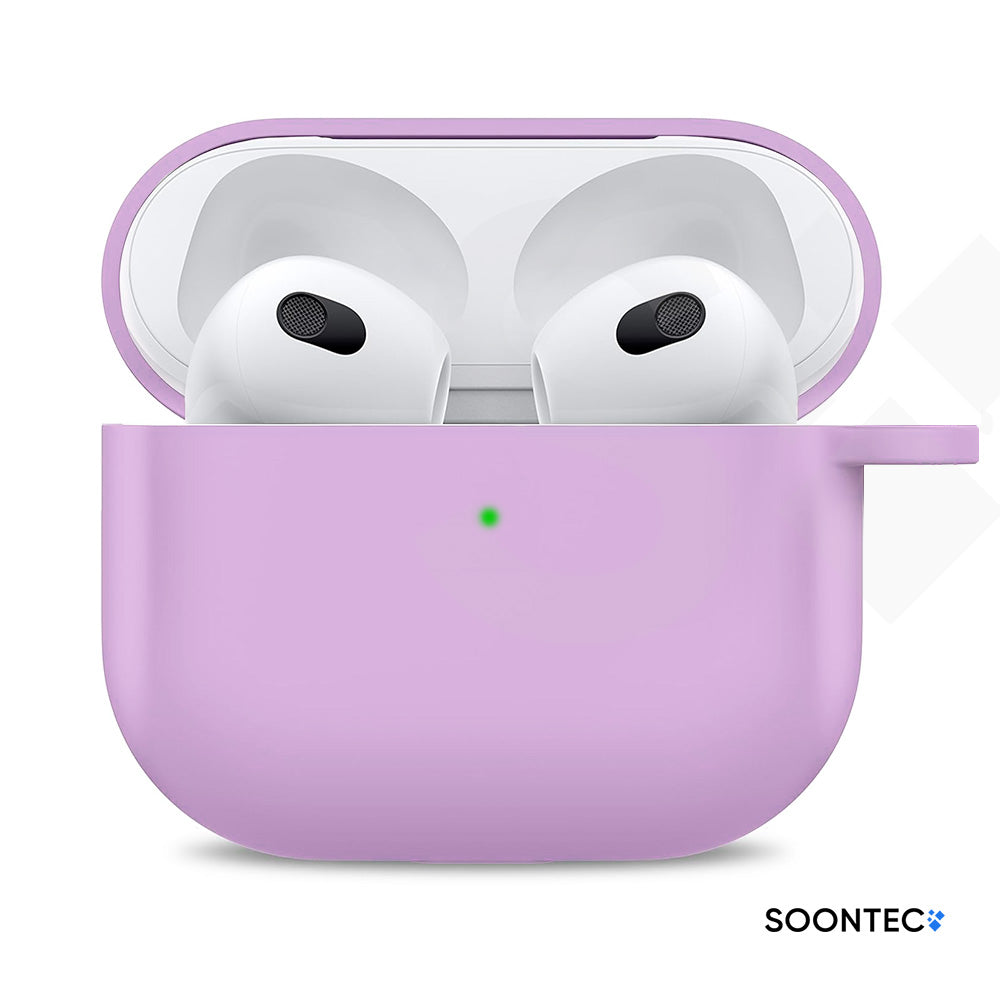 SOONTEC Schutzhülle für Apple AirPods 3 mit Karabiner Ring aus stoßfestem Silikon in Lila, passgenau für das MagSafe Ladecase der 3. Generation.