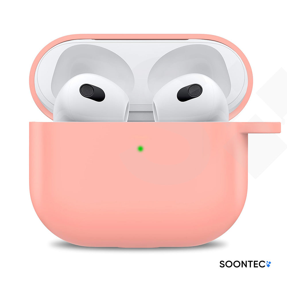 SOONTEC Schutzhülle für Apple AirPods 3 mit Karabiner Ring aus stoßfestem Silikon in Rosa, passgenau für das MagSafe Ladecase der 3. Generation.