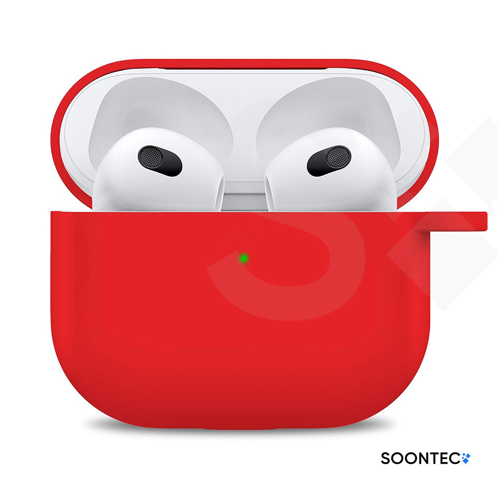 SOONTEC Schutzhülle für Apple AirPods 3 mit Karabiner Ring aus stoßfestem Silikon in Rot, passgenau für das MagSafe Ladecase der 3. Generation.