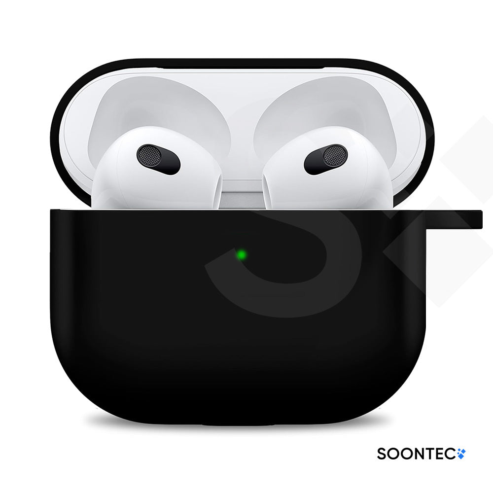 SOONTEC Schutzhülle für Apple AirPods 3 mit Karabiner Ring aus stoßfestem Silikon in Schwarz, passgenau für das MagSafe Ladecase der 3. Generation.