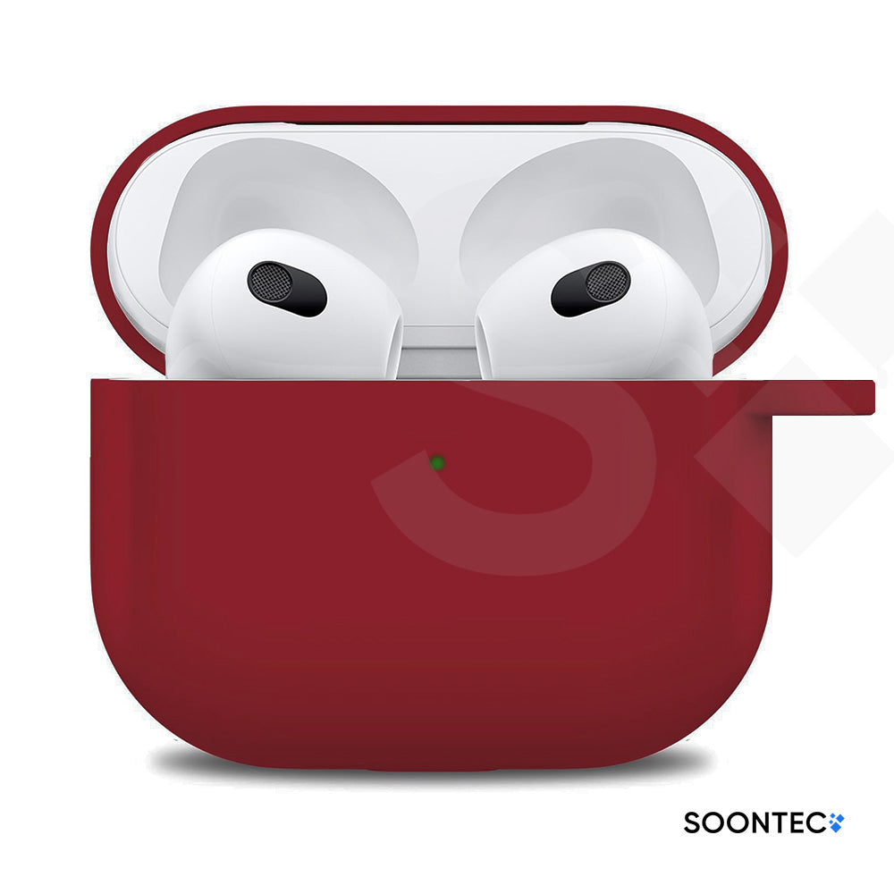 SOONTEC Schutzhülle für Apple AirPods 3 mit Karabiner Ring aus stoßfestem Silikon in Weinrot, passgenau für das MagSafe Ladecase der 3. Generation.