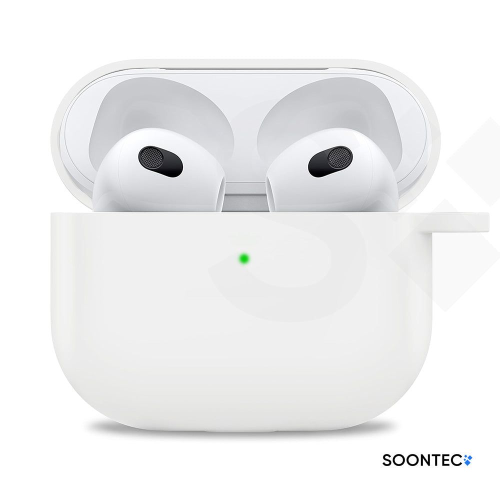 SOONTEC Schutzhülle für Apple AirPods 3 mit Karabiner Ring aus stoßfestem Silikon in Wiess, passgenau für das MagSafe Ladecase der 3. Generation.