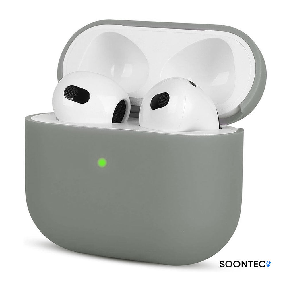 SOONTEC Schutzhülle für Apple AirPods 3 aus stoßfestem Silikon in Grau, passgenau für das MagSafe Ladecase der 3. Generation.