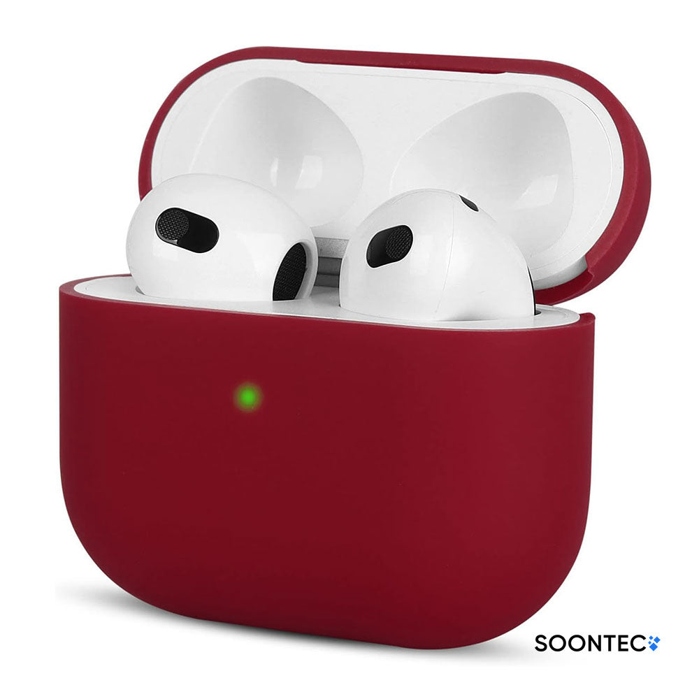 SOONTEC Schutzhülle für Apple AirPods 3 aus stoßfestem Silikon in Weinrot, passgenau für das MagSafe Ladecase der 3. Generation.