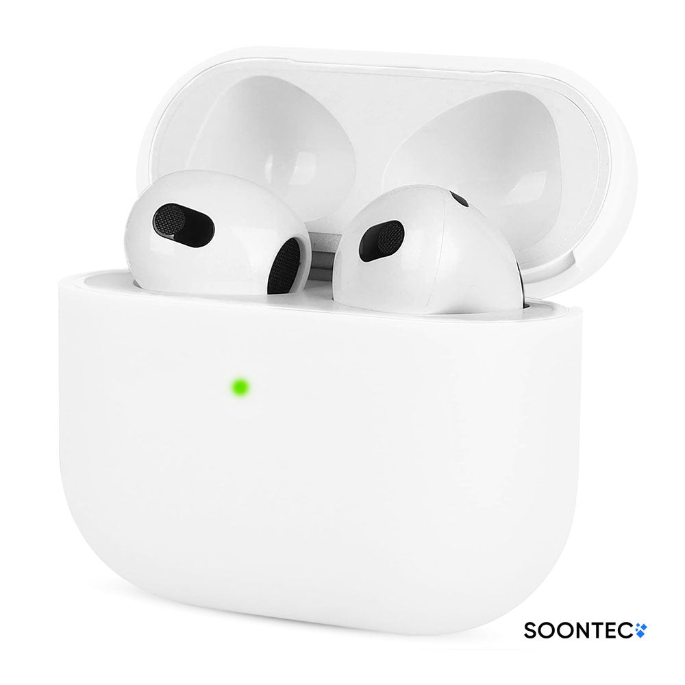 SOONTEC Schutzhülle für Apple AirPods 3 aus stoßfestem Silikon in Weiss, passgenau für das MagSafe Ladecase der 3. Generation.