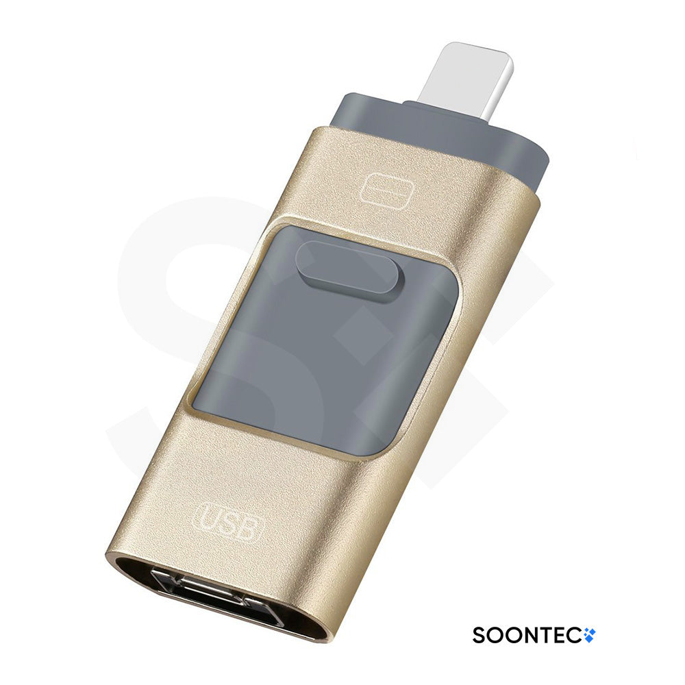 SOONTEC 3 in 1 USB 3.0 Stick mit Lightning, Micro-USB und USB-A Anschluss in Gold