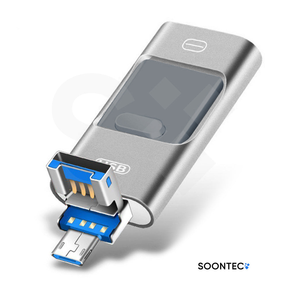 SOONTEC externer Speicherstick angeschlossen an ein Apple iPhone oder Samsung zur Datensicherung