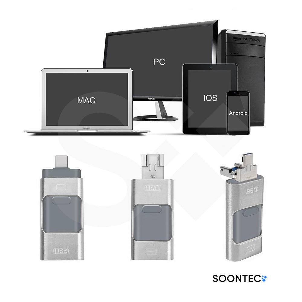 Detailansicht der drei Anschlüsse des SOONTEC USB-Sticks für Smartphone, Tablet, iPad und PC