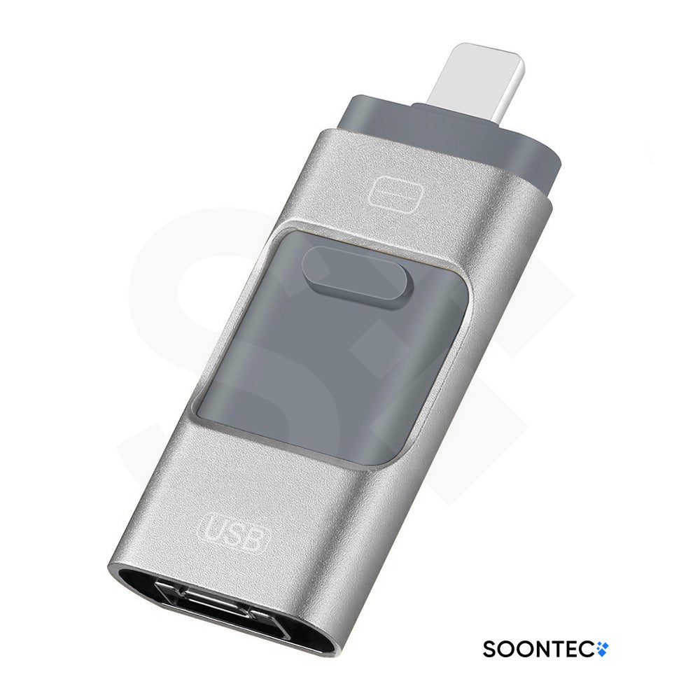 SOONTEC 3 in 1 USB 3.0 Stick mit Lightning, Micro-USB und USB-A Anschluss in Silber