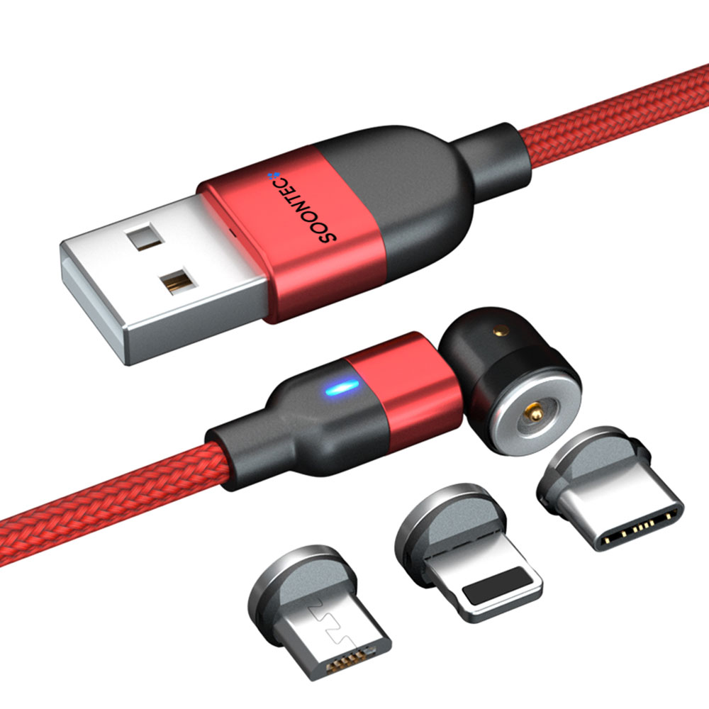 SOONTEC Magnetisches USB-Kabel Magnetladekabel drehbar 360°&180° Micro USB  / Typ C / Lightning 2.4A Ladekabel 1m (Rot) - SOONTEC Onlineshop | Zubehör  für Smartphone, PC, TV, Gaming, Haushaltsgeräte